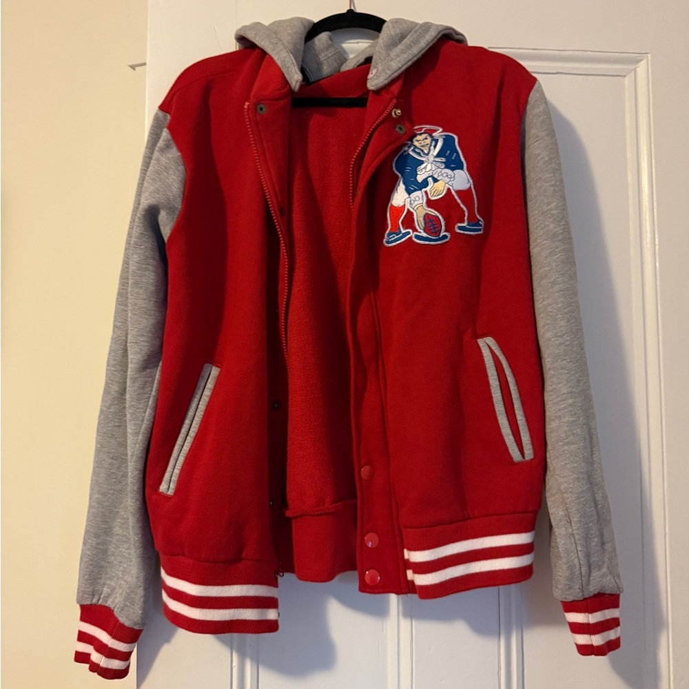 Vintage Patriots Red and Gray Varsity Jacket with Embroidered Patch